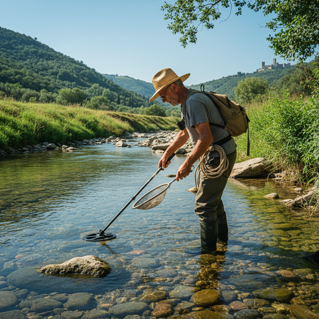 Marco che cerca nel letto del fiume con metal detector